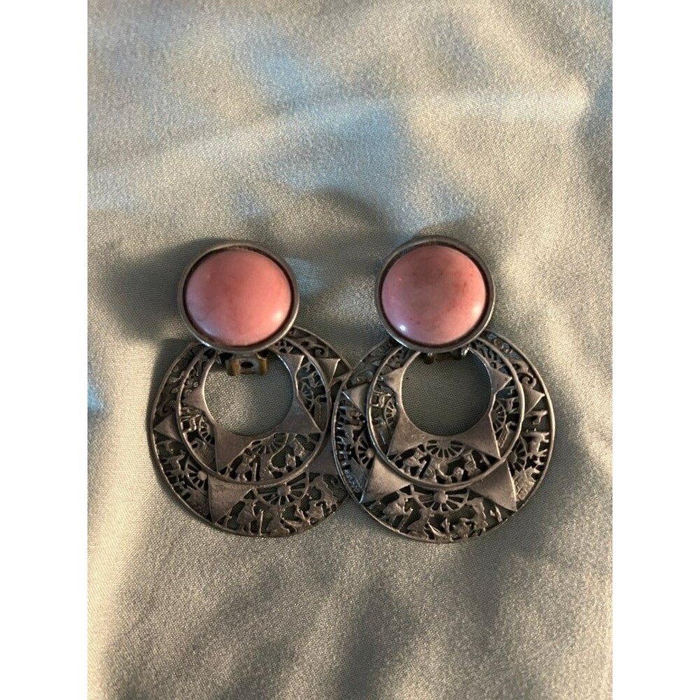 Lazuli Vintage Pink Stone and Silver Filigree Clip-On Earrings